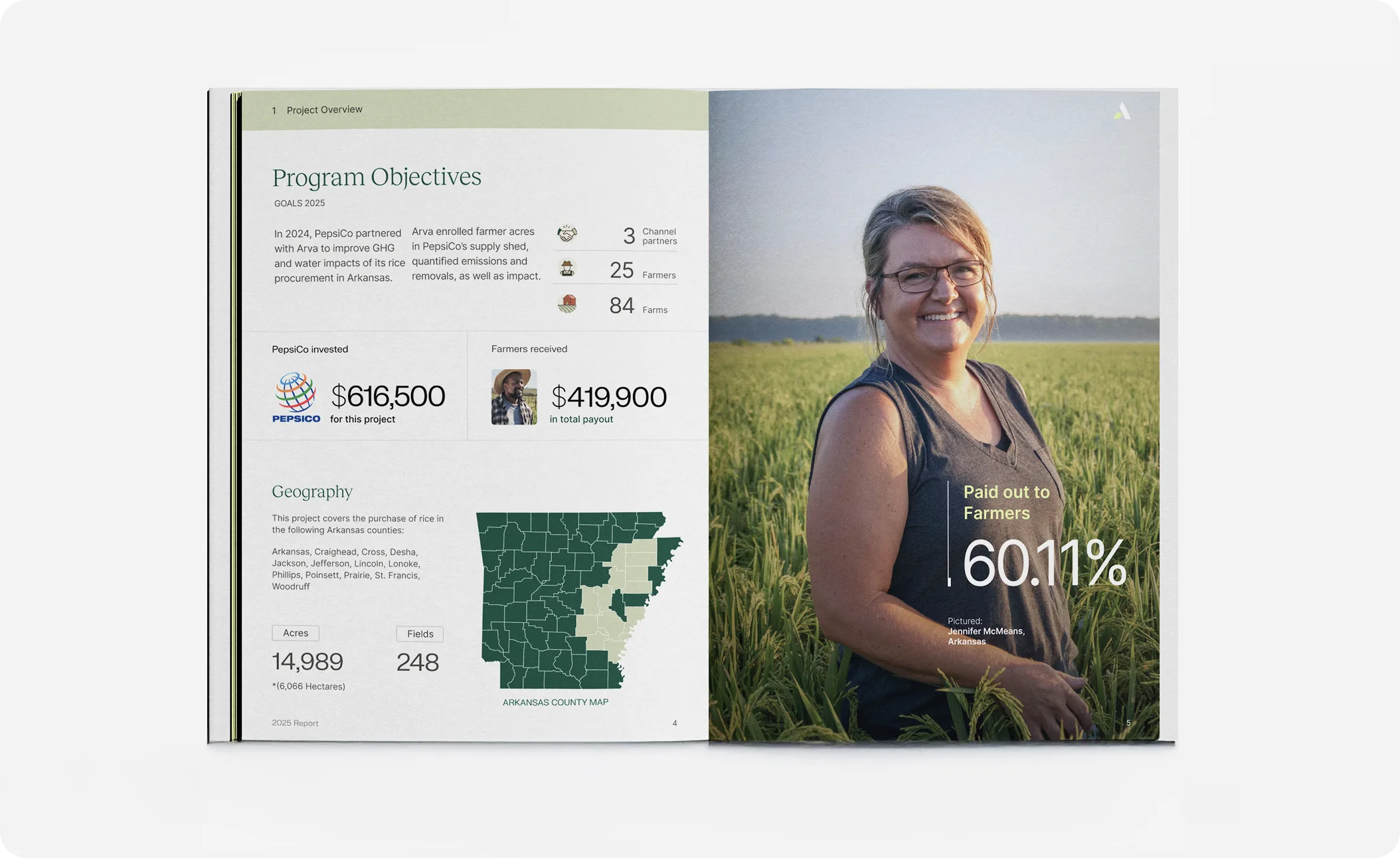 Relatório sobre os objetivos do programa, com foto do agricultor e dados geográficos.
