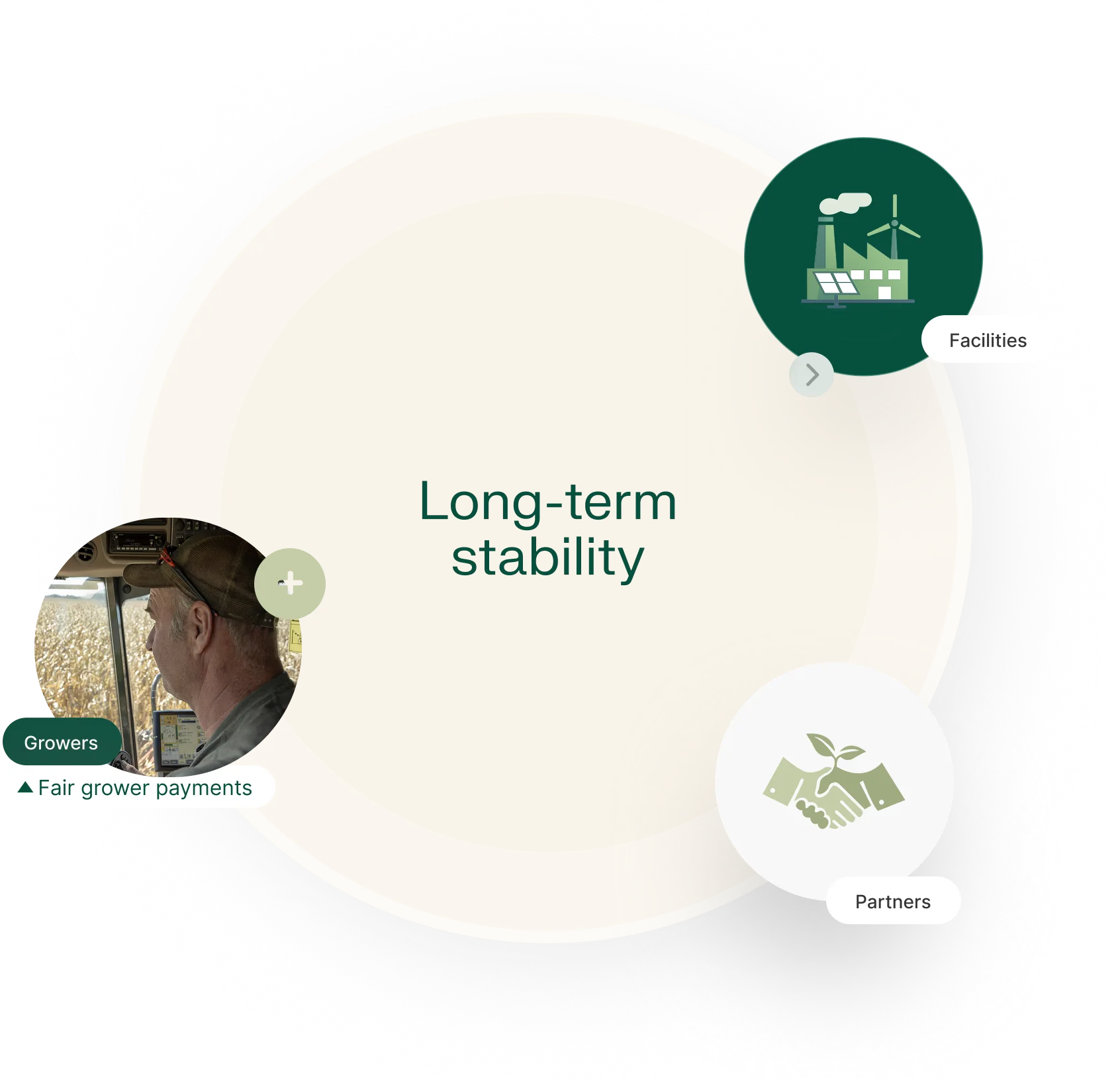 Diagrama de estabilidade a longo prazo com instalações, produtores e parceiros.