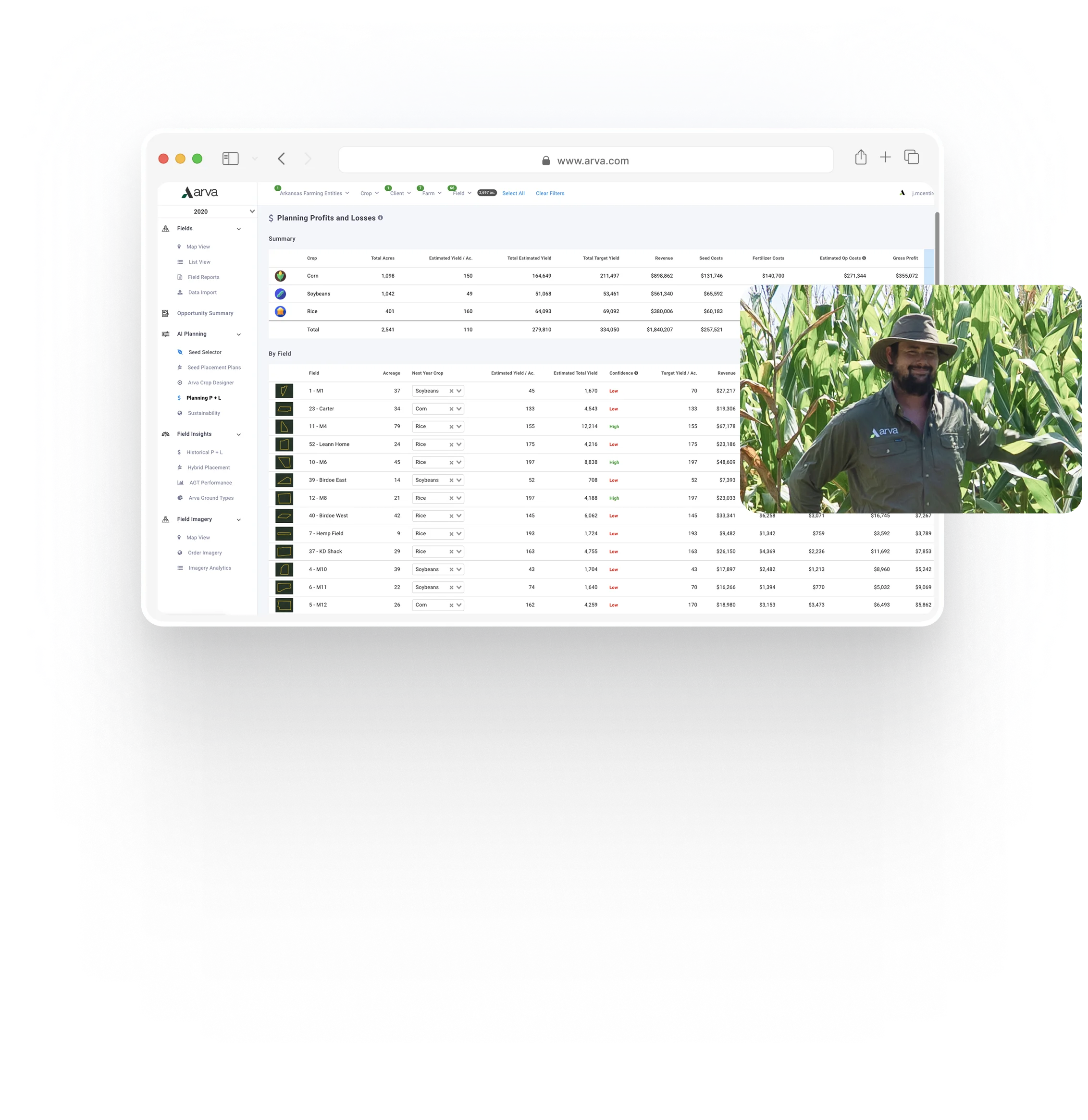 Painel de dados da plataforma Arva com produtor em campo