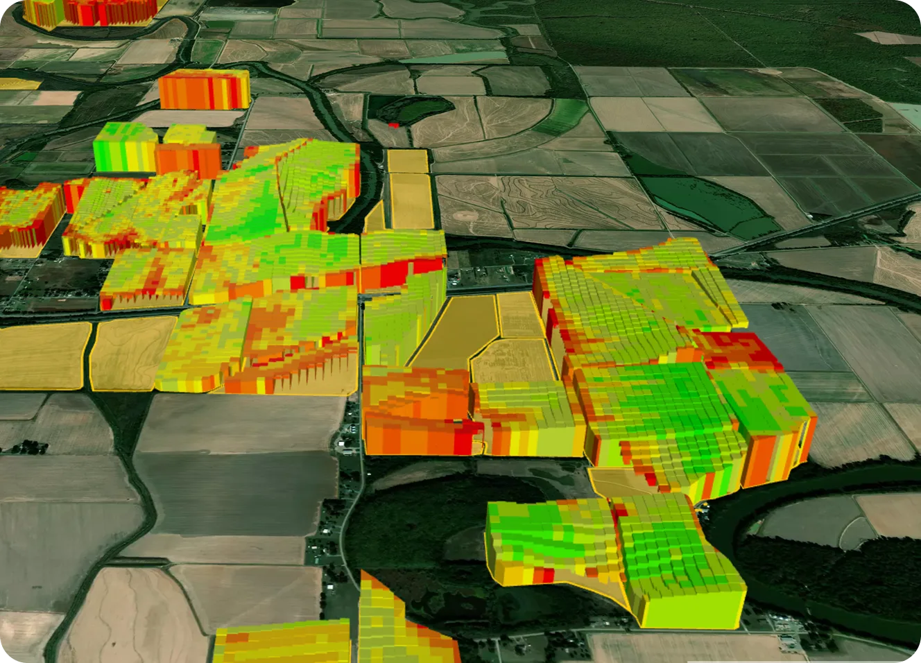 Mapa de calor aéreo de campos agrícolas que muestra datos del suelo