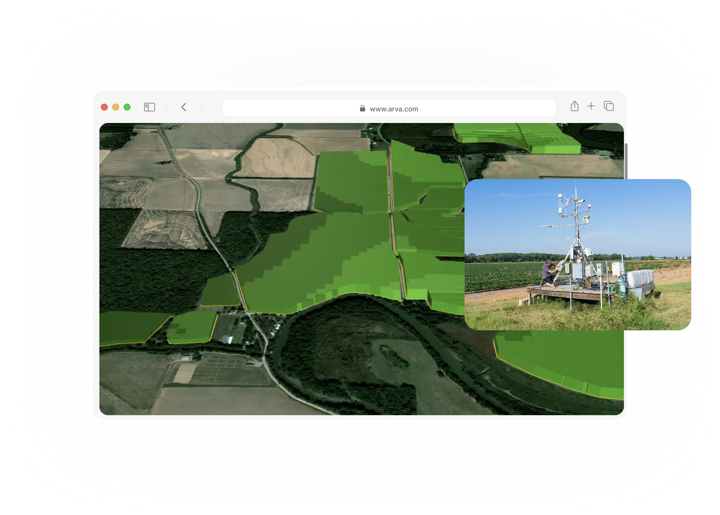 Panel de control de la plataforma Arva con vista aérea del campo y sensor de campo.